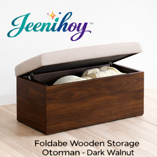 Jeenihoy™ Foldable Wooden Storage Ottoman - Dark Walnut